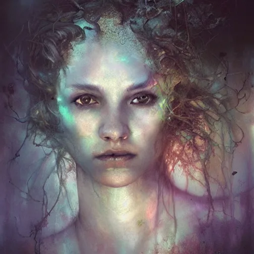 Image similar to Medusa by cy Twombly and BASTIEN LECOUFFE DEHARME, iridescent, volumetric lighting