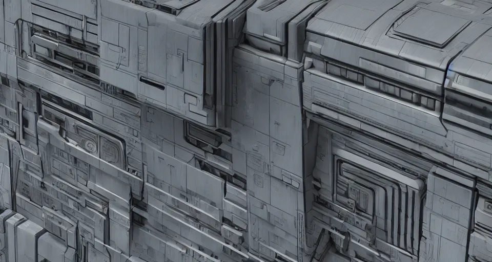 Prompt: 3d texture of a thick square industrial scifi spaceship facade inspired by the matrix, star wars, ilm, beeple, star citizen halo, mass effect, starship troopers, elysium, the expanse, high tech industrial, Artstation Unreal W-960