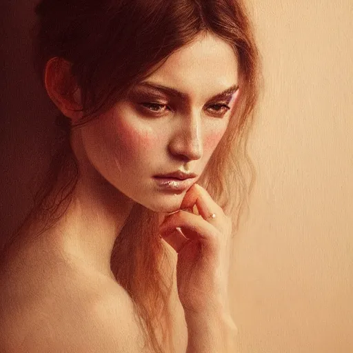 Image similar to half body portrait of woman, hyperrealism, beauty, intricate detail, photo by greg rutkowski, elegance, soft lighting, sharp focus