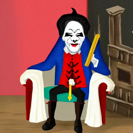 Image similar to a vampire sitting on a throne in his castle during the american revolution. he is surrounded by paintings and is wearing a bright clown emoji mask. character design by john and ai