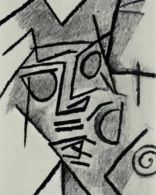 Image similar to portrait of a demon. Line drawing by Jean Cocteau. Ink on paper by Paul Klee.