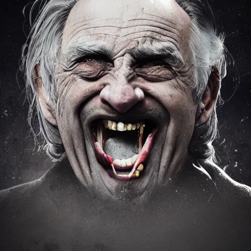 Image similar to insane old man in dark steel menace complex mouth