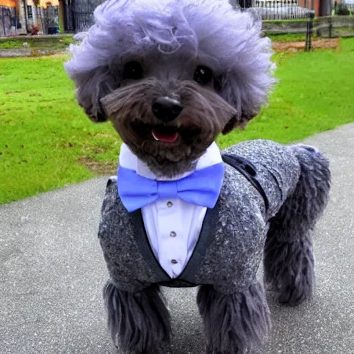 Image similar to a fancy gray miniature poodle wearing a bow tie top hat and monocolor pants