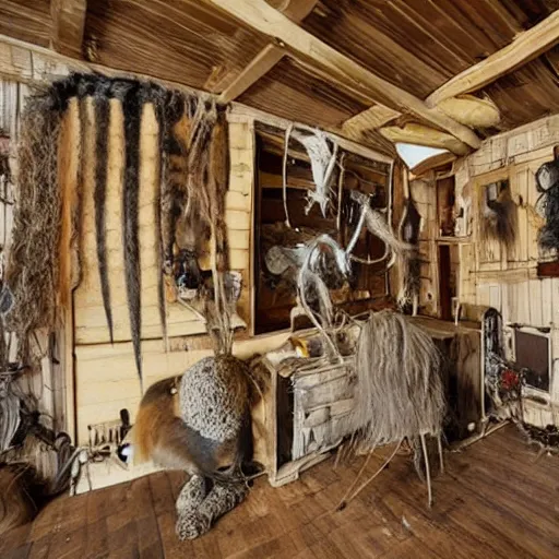 Prompt: a house made of a long hair and taxidermy parts