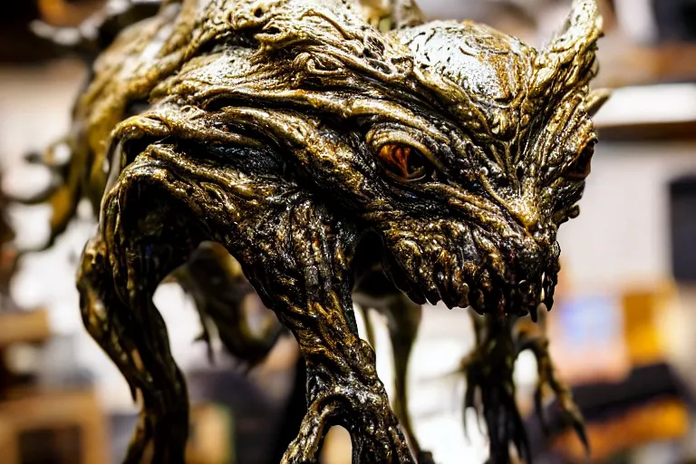 Image similar to photo taken of an epic intricate, ultra detailed, super realistic sculpture of a wet bloodied slimy nightmarish hellish demonic doglike creature on display in a workshop, created by weta workshop, full body shots, photorealistic, sharp focus, f 0. 4, face centred, macro photography, golden ratio,