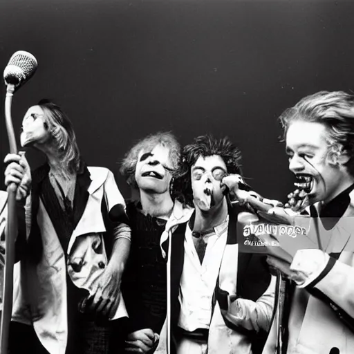 Prompt: bob geldof boomtown rats holding banana microphone, with banana costumed background singers, concert photo, getty images,