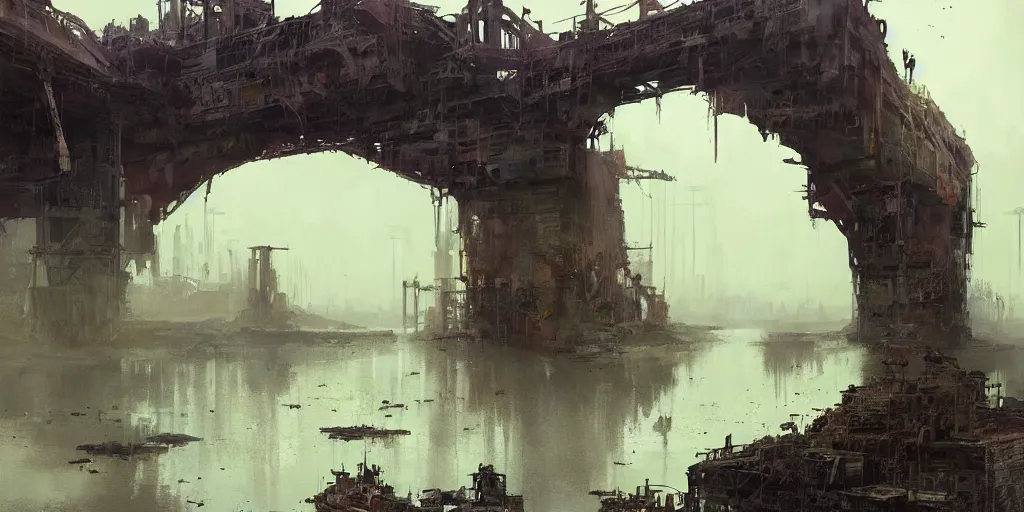 Image similar to concept art of a ruined bridge crossing a polluted lake filled with shipwrecks, grimy, gritty, blade runner 2 0 4 9, trending on artstation, award winning painting, cgi, art by john berkey and anton fadeev and john howe and simon stalenhag