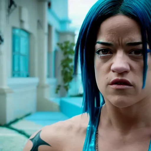 Image similar to cinematic scene with michelle rodriguez as jolyne from jojo's bizarre adventure, live action film, stone ocean, dramatic, small details, volumetric lighting, still frame