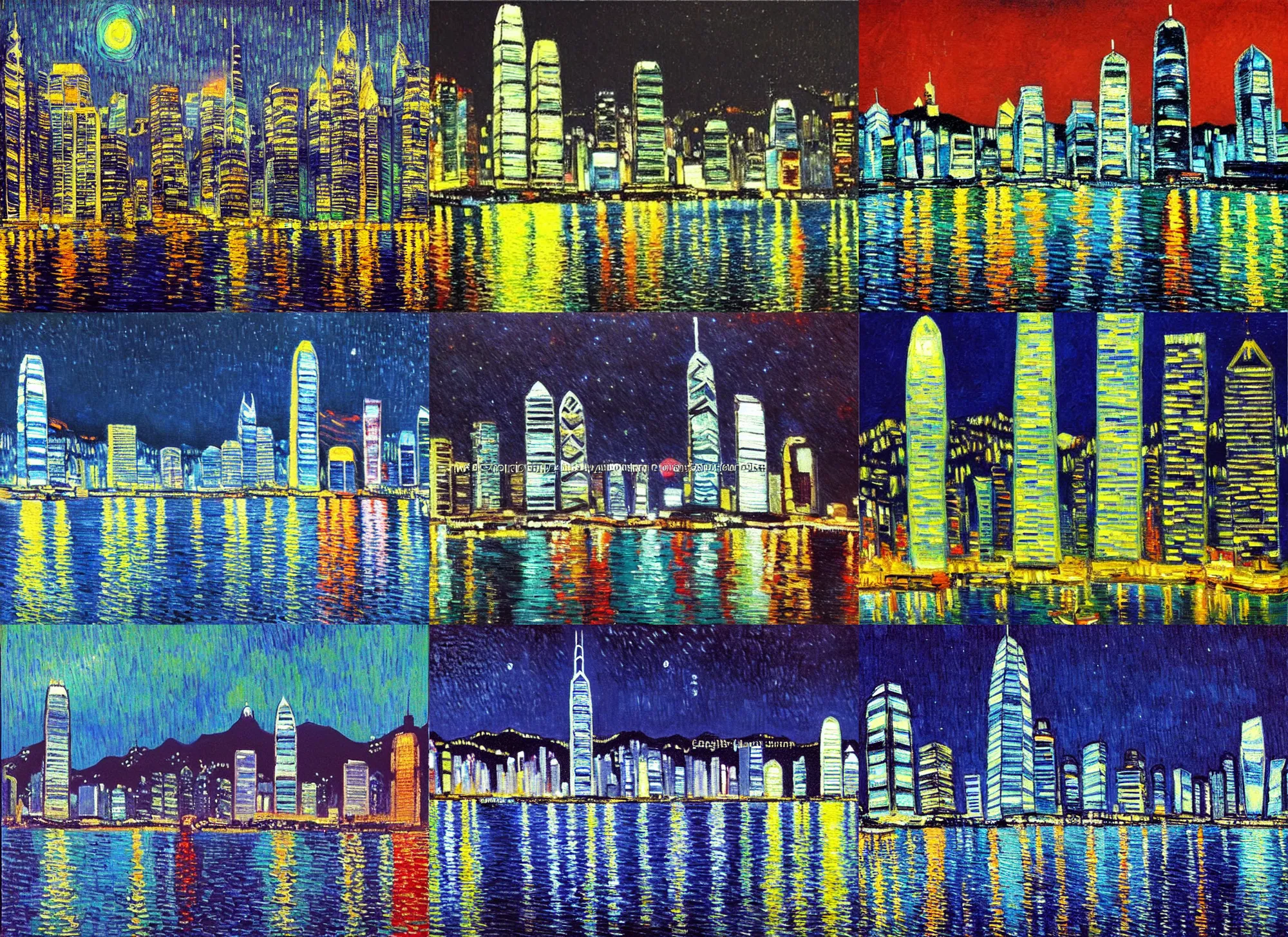 Prompt: hong kong skyscrapers at night, water reflection, beautiful, painting by van gogh, post impressionism, high quality