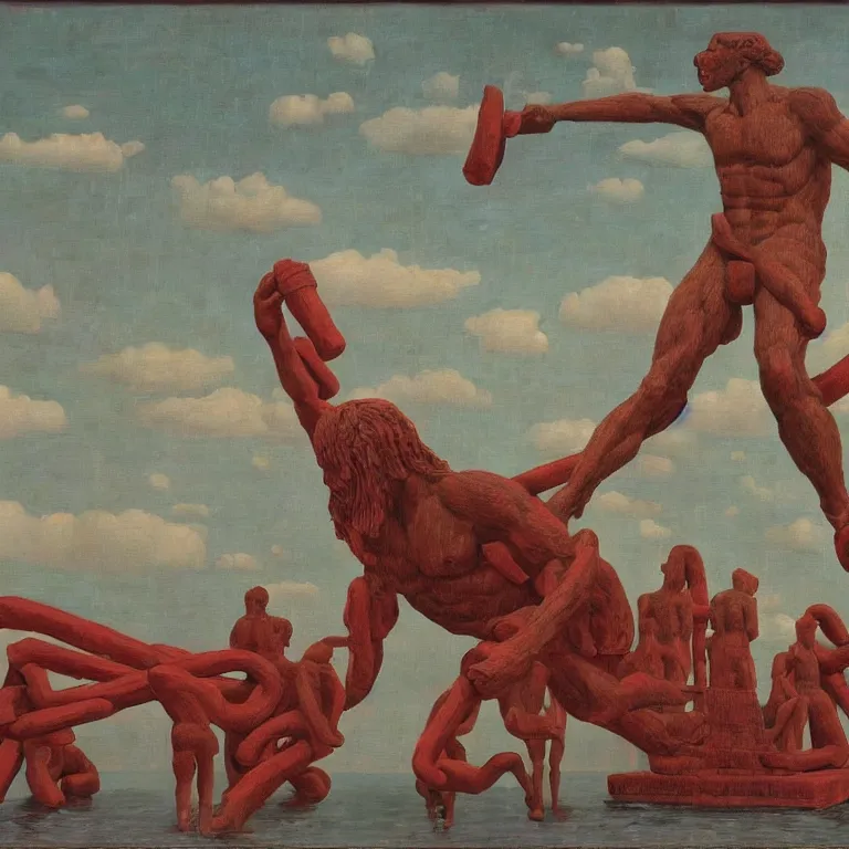 Prompt: A Monumental Public Sculpture of a 'Triumphant Hercules made out of Red Rope Licorice' on a pedestal by the lake, surreal oil painting by Rene Magritte and Max Ernst shocking detail hyperrealistic!! Cinematic lighting