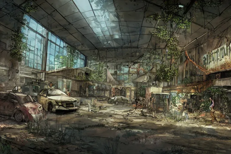 Image similar to detailed concept art in the style of last of us of west edmonton mall