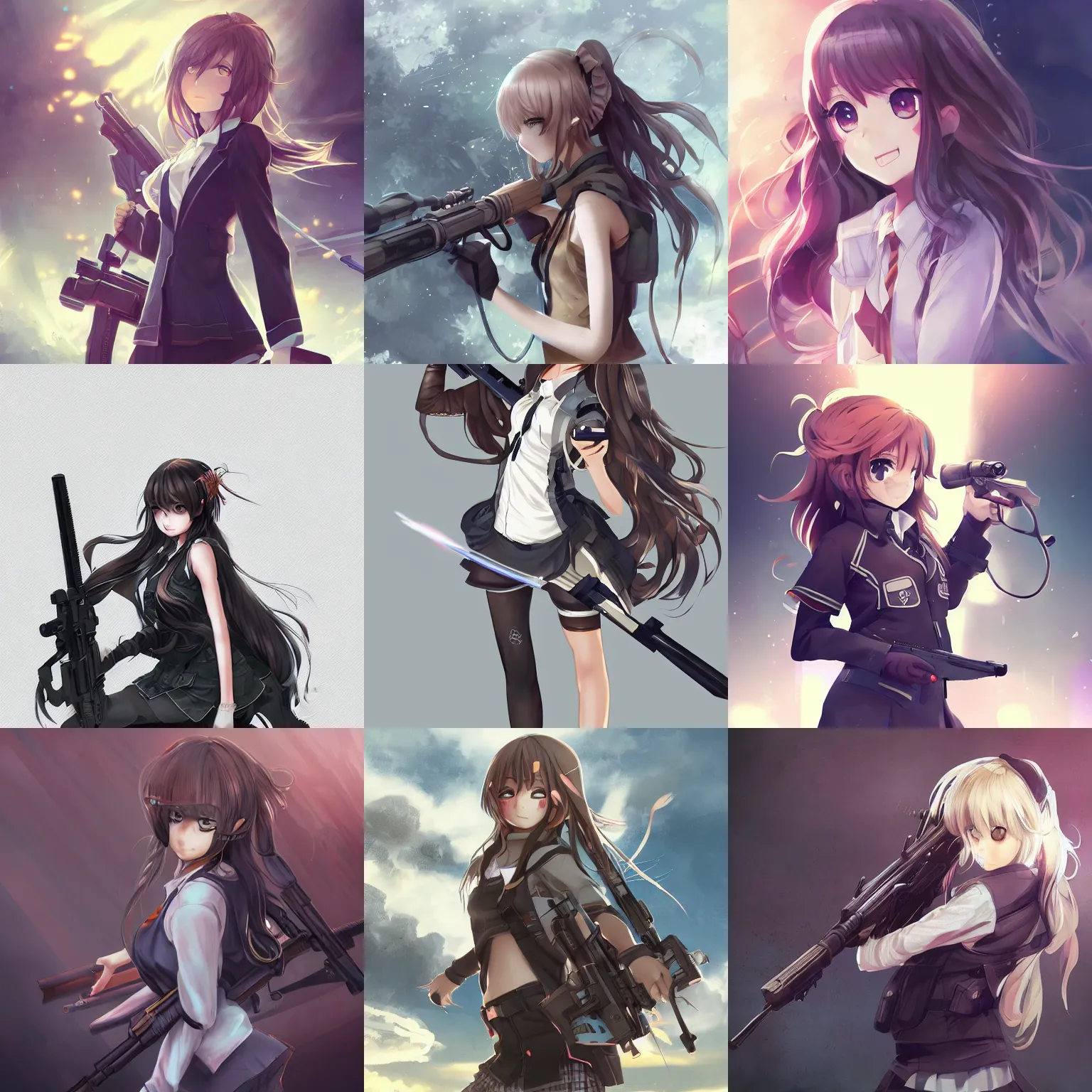 Prompt: anime, full body, cute, female, a cute girl wearing a school uniform and holding a sniper rifle, long wavy hair, light and shadow effects, highly detailed, digital painting, art station, sharp focus, high quality, frontal view, illustration, concept art, wlop