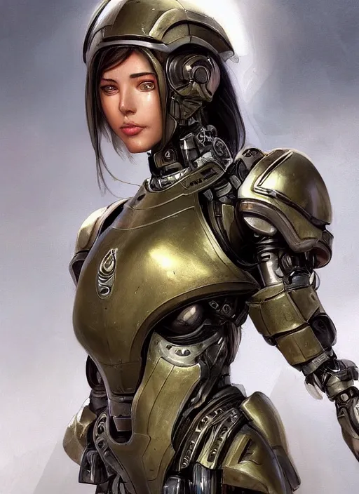 Image similar to a professional painting of a beautiful young female, clothed in cybernetic military armor, olive skin, long dark hair, beautiful bone structure, symmetrical facial features, intricate, elegant, digital painting, concept art, smooth, sharp focus, illustration, from StarCraft by Ruan Jia and Mandy Jurgens and Artgerm and William-Adolphe Bouguerea