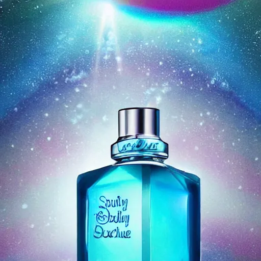 Image similar to advertisement for a blue perfume bottle surrounded by turquoise water droplet and galactic waves, textless, lonely world still shining through faintly rainbow led lights, beautiful surreal scenery artwork, soul dust, unthinkable dream sublime god lighting, sun rays, cold colors, insanely detailed, artstation!! pixiv!! infinitely detailed