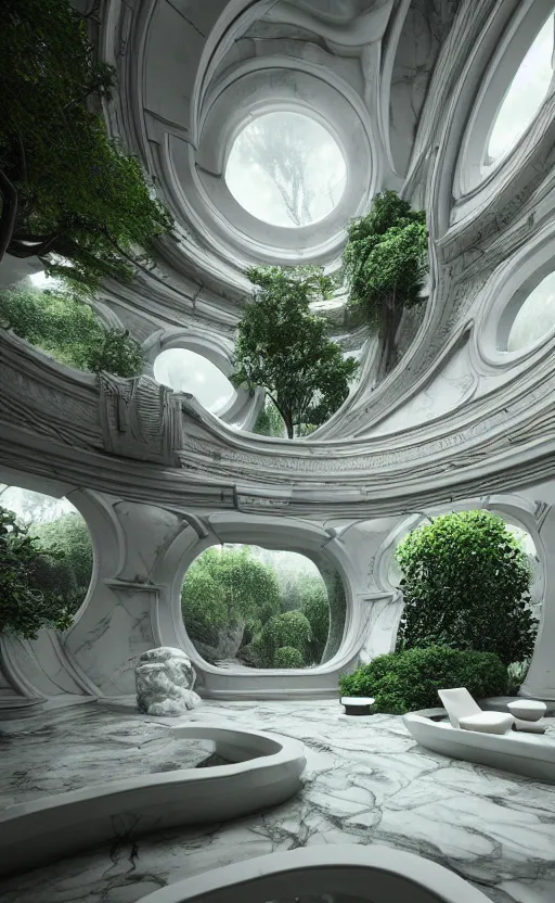 Prompt: highly detailed villa garden natural beautiful light interior soft cinematic composition of a smooth ceramic porcelain biophilic stone nebula fluid white magnolias surreal scifi architecture cyberpunk giger landscape, furniture, granite, trees, marble, vincent callebaut composition, 8 k, unreal engine, hdr