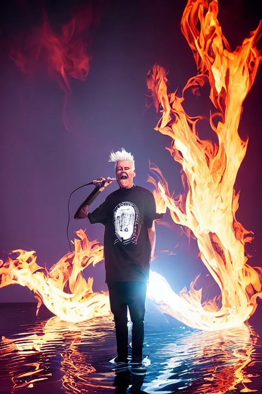 Prompt: scooter rapper baxxter with white hair standing in water shouting in the microphone with explosion and flames in background, full body, white shirt, black pants, reflection in water, volumetric lighting, golden ratio