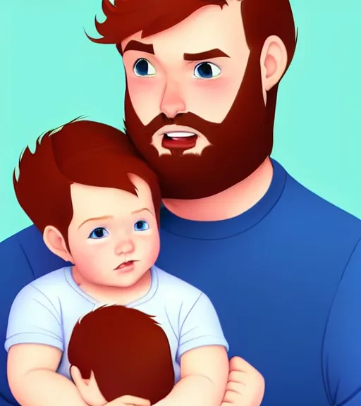 Image similar to a father with short red hair, a short red beard and blue eyes and a slightly chubby face hold his infant son with short brown hair full color digital illustration in the style of don bluth, artgerm, artstation trending, 4 k