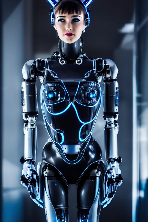 Image similar to cybernetic ultra high tech female robot with cat ears, sci - fi, cyberpunk, high tech, futurism, exoskeleton, symmetry, cinematic, elegant, luxury, perfect light, perfect composition, dlsr photography, sharp focus, 8 k, ultra hd, sense of awe, highly detailed, realistic, intricate, science journal cover