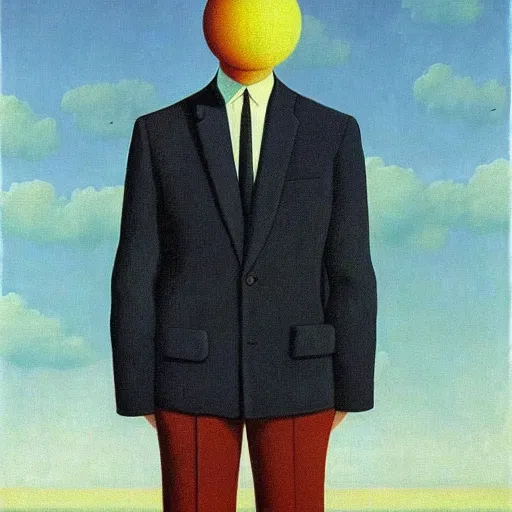 Prompt: a portrait of a well dressed business man, thehe planet saturn is his face!!!!!!, art by Rene Magritte