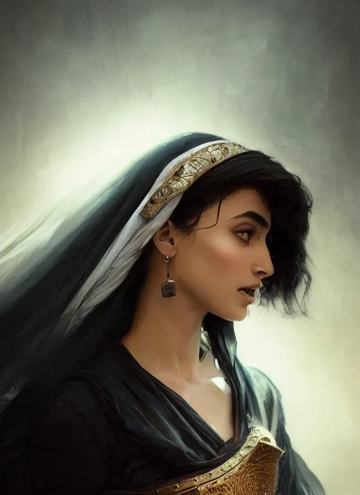 Image similar to a Photorealistic dramatic hyperrealistic render of an arab ameera al taweel, blue eyes, black hair, white veil,by WLOP,Artgerm,Greg Rutkowski,Alphonse Mucha, Beautiful dynamic dramatic dark moody lighting,shadows,cinematic atmosphere,Artstation,concept design art,Octane render,8K