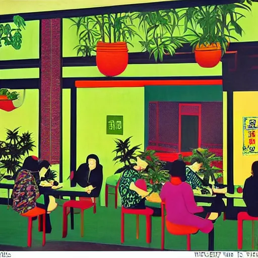 Image similar to taiwanese style cafe inside are australian patrons, decorated with cannabis pot plants 🪴 utopia frontage, pop art poster, vivid colors by will barnet