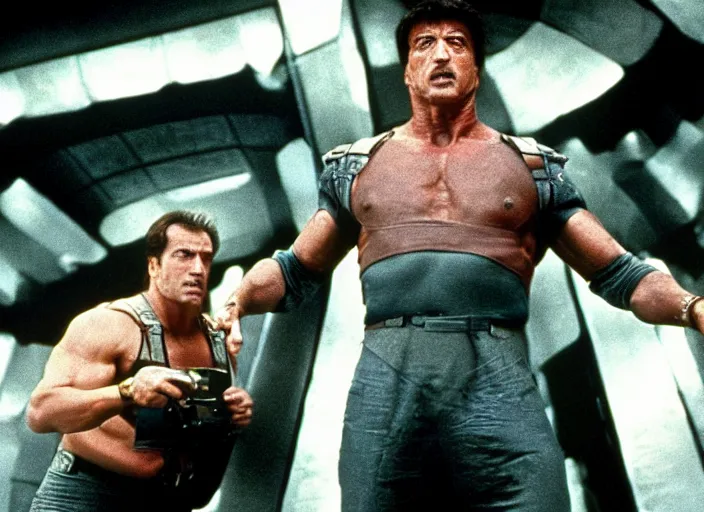 Image similar to sylvester stallone in a still from the movie Total Recall (1990)