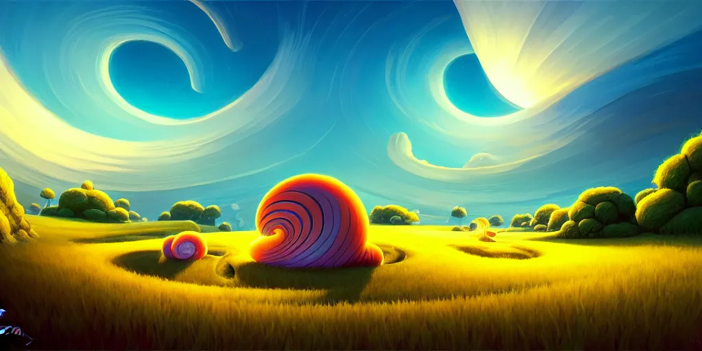 Prompt: nightly, spiral, naive nerikomi, weird perspective, extra narrow, detailed illustration, lit by flashlight, scenic spiral environment by rhads from lorax movie, trending artstation, true color, fisheye, grass field mountainous terrain, spiral clouds