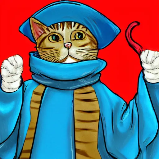 Prompt: a cat wizard wearing blue robes in the style of arcane