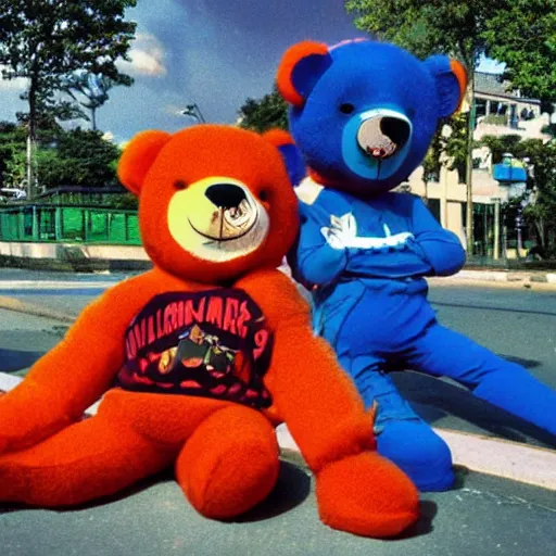 Image similar to happybears!, happy bears! kill union, humanoid bears, bear costumes, happy faces, evil happy faces, rollerblading, rollerskates, four humanoid bears, 2 0 0 1 anime, flcl, golden hour, japanese town, cel - shaded, strong shadows, vivid hues, y 2 k aesthetic