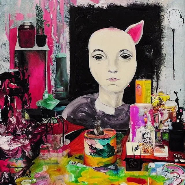 Image similar to “ a portrait in a female art student ’ s apartment, sensual, a pig theme, art supplies, paint tubes, ikebana, herbs, a candle dripping white wax, black walls, squashed berries, berry juice drips, acrylic and spray paint and oilstick on canvas, surrealism, neoexpressionism ”