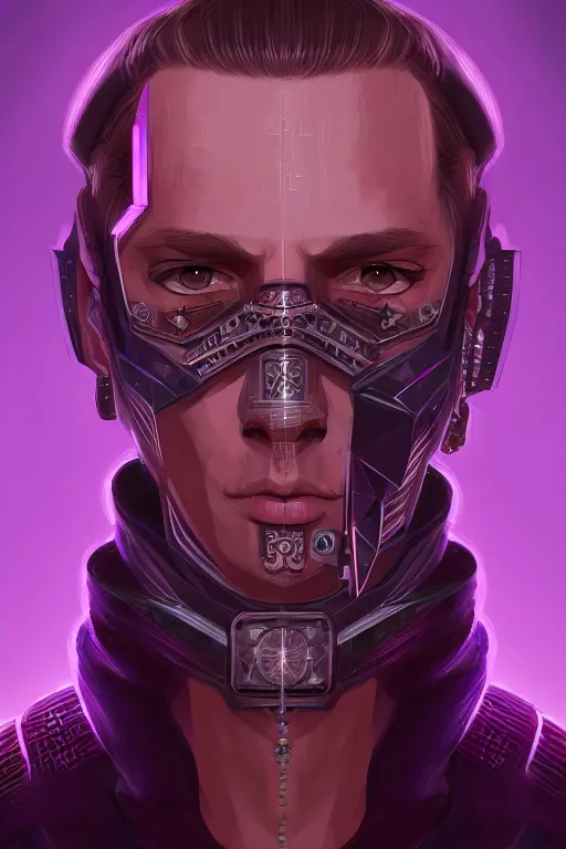Prompt: a portrait of the cyberpunk medieval - styled king, purple eyes, high - contrast, intricate, elegant, highly detailed, digital painting, artstation, concept art, smooth, sharp focus, illustration