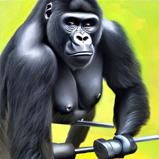 Image similar to a gorilla curling weights, training biceps at the gym, perfect high resolution, painting oil in canvas, highly detailed, trending on art station, cgsociety