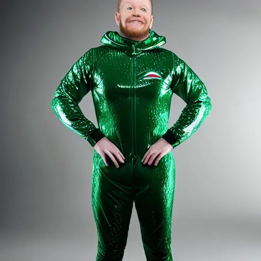 Prompt: paymoneywubby wearing full body green - screen suit, professional portrait photography