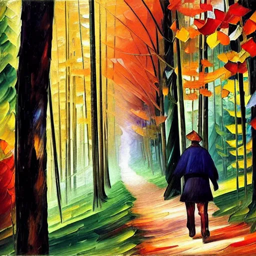 Prompt: a person walking through a forest, art by ivan bilibin and giacomo balla and ( ( leonid afremov ) ),