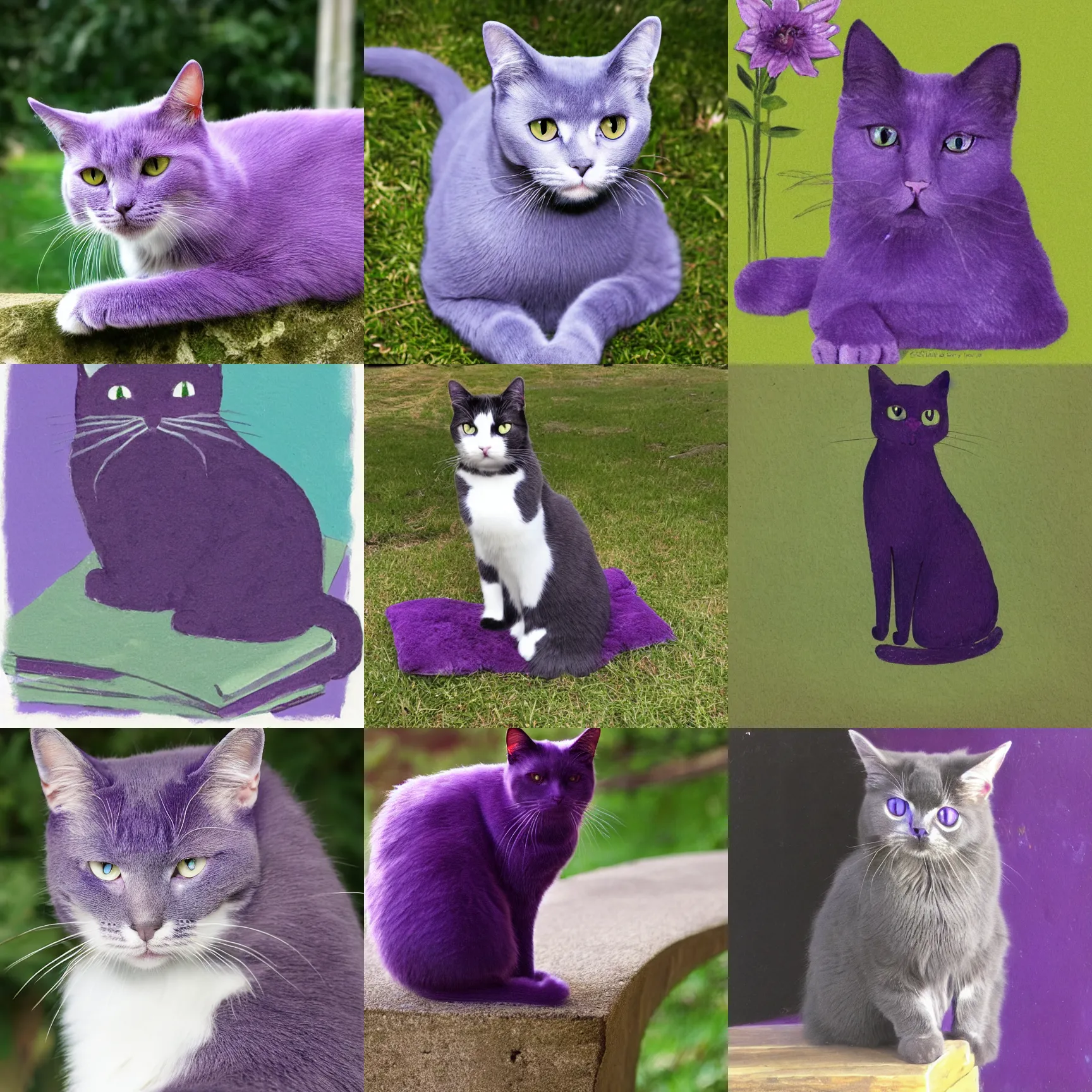 Prompt: a purple cat sitting