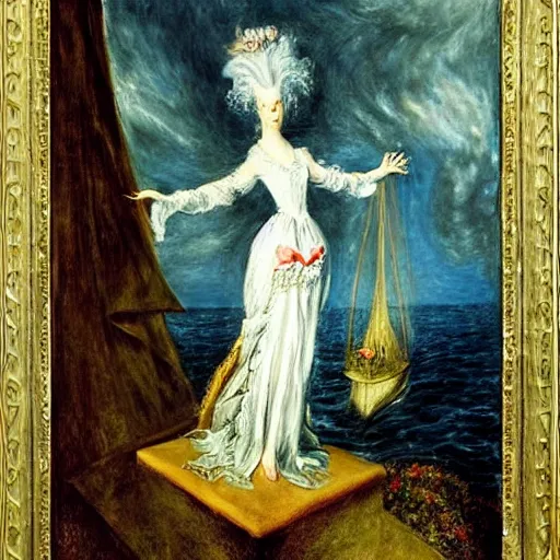 Prompt: Marie Antoinette hovering over the waters. By El Greco, Remedios Varo, Salvador Dali, Carl Gustav Carus, John Atkinson Grimshaw.