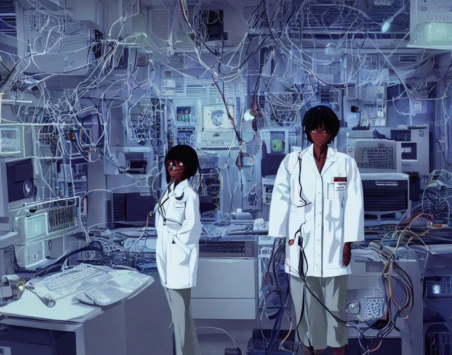 Prompt: dark skin woman wearing a white lab coat with a blue haircut, connected to wires, surrounded by 1 9 8 0 s computers, in the style of serial experiments lain and evangelion 1 9 9 5, dynamic lighting, dark ambience, cell - shaded, detailed face, retro tech