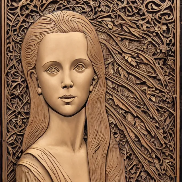 Image similar to a 3 d bas - relief wooden art nouveau carved sculpture of a young millie bobby brown or alicia vikander with long hair blowing in the wind, in front of a delicate tracery pattern, intricate and highly detailed, well - lit, ornate, realistic