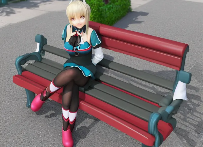 Image similar to 3D render of Marie Rose from Dead or Alive sitting on a park bench