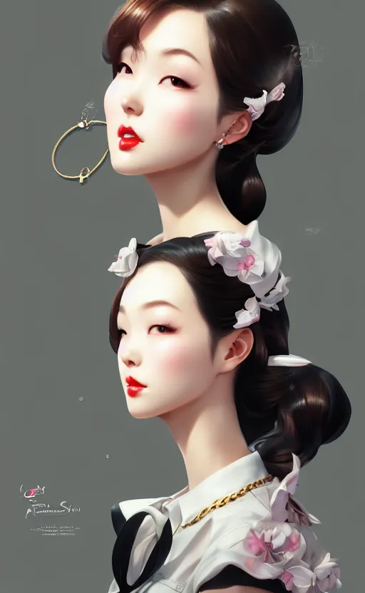 Image similar to a pin up and beautiful fashion charming dreamlke korea girl with lv jewelry, character art, art by artgerm lau and kyoung hwan kim and and ilya kuvshinov and john singer sargent, hyperdetailed, 8 k realistic, symmetrical, frostbite 3 engine, cryengine, dof, trending on artstation, digital art