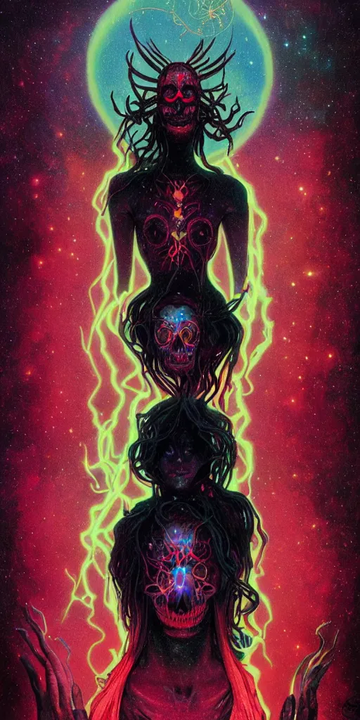 Image similar to intense glowing black metal pagan god with spider eyes and spider legs with a skull in very dark cosmic nebula by josan gonzales and moebius and alphonse mucha, portrait, light beams, lens flare, studio muti, malika favre, rhads, makoto, black and red and teal