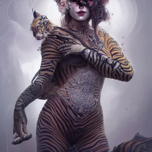 Prompt: tom bagshaw, soft painting fractal curiosities carnival, very beautiful female tigress in full nightshade gothic armor, accurate features, focus, very intricate ultrafine details, black white purple volumetric clouds, award winning masterpiece, octane render 8 k hd