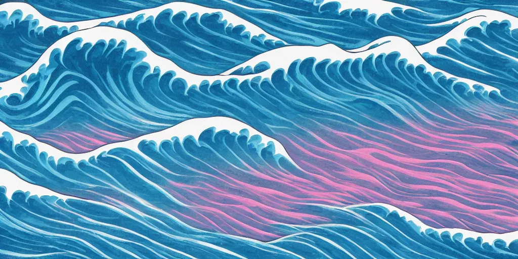 Image similar to blue purple and pink colored ocean waves rolling into the beach in the pattern of the great wave off Kanagawa, high resolution, 8k