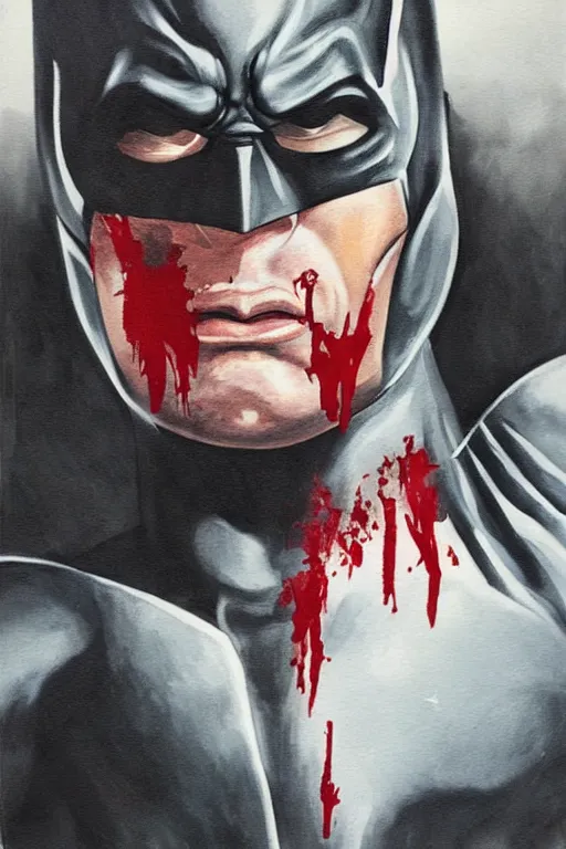 Image similar to A portrait painting of the muscular batman covered in bloody scars