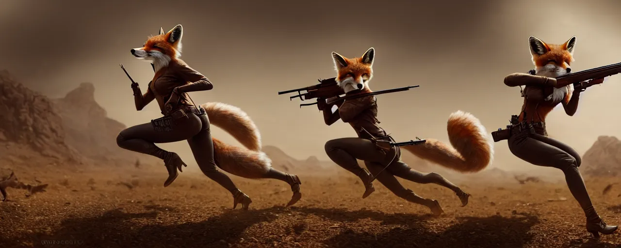 Image similar to an illustration of an anthropomorphic fox - woman running and gunning with a winchester rifle, wild west theme, focal depth,, many details, action, greg rutkowski style, high quality, 8 k,