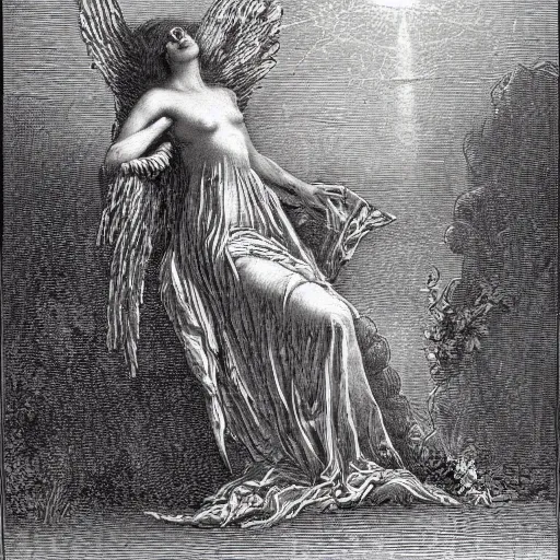 Image similar to fever dream of the angel of plenty, an engraving by gustave dore