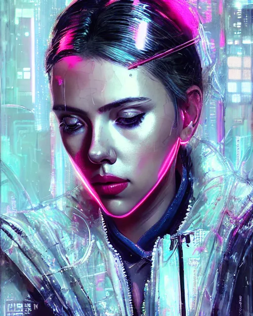 Prompt: detailed portrait Scarlett Johansson Neon Operator Girl, cyberpunk futuristic neon, reflective puffy coat, decorated with traditional Japanese ornaments by Ismail inceoglu dragan bibin hans thoma greg rutkowski Alexandros Pyromallis Nekro Rene Maritte Illustrated, Perfect face, fine details, realistic shaded, fine-face, pretty face