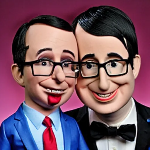 Prompt: john oliver is a!! ventriloquist dummy!!, paper - mache,