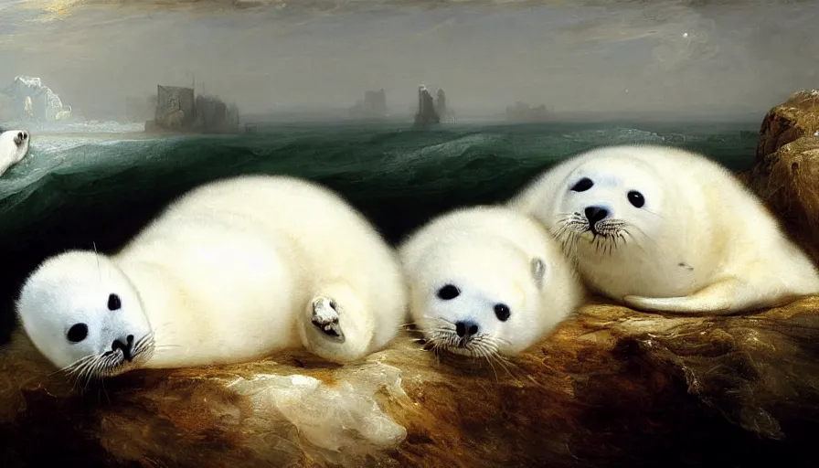 Prompt: highly detailed painting of cute furry white baby seals cuddling into each other on an iceberg by william turner, by greg rutkowski, by william constable, thick brush strokes and visible paint layers, 4 k resolution