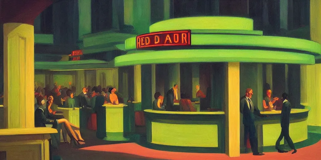 Image similar to green people at red art deco restaurant, open ceiling, highly detailed, painted by Edward Hopper, painted by James Gilleard, surrealism, airbrush